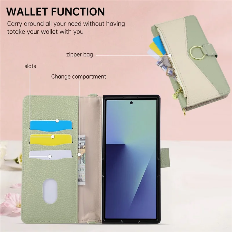 For Samsung Galaxy Z Fold8 Ultra Wallet Case Triangular Splicing Zipper Leather Phone Cover with Wrist Strap - Green