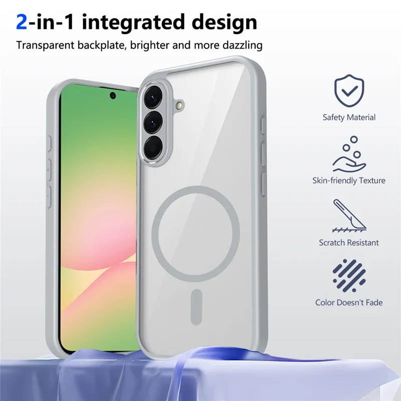 Funda magnética para Samsung Galaxy A56 5G, carcasa transparente de PC + TPU, antichoque, tacto suave, color gris