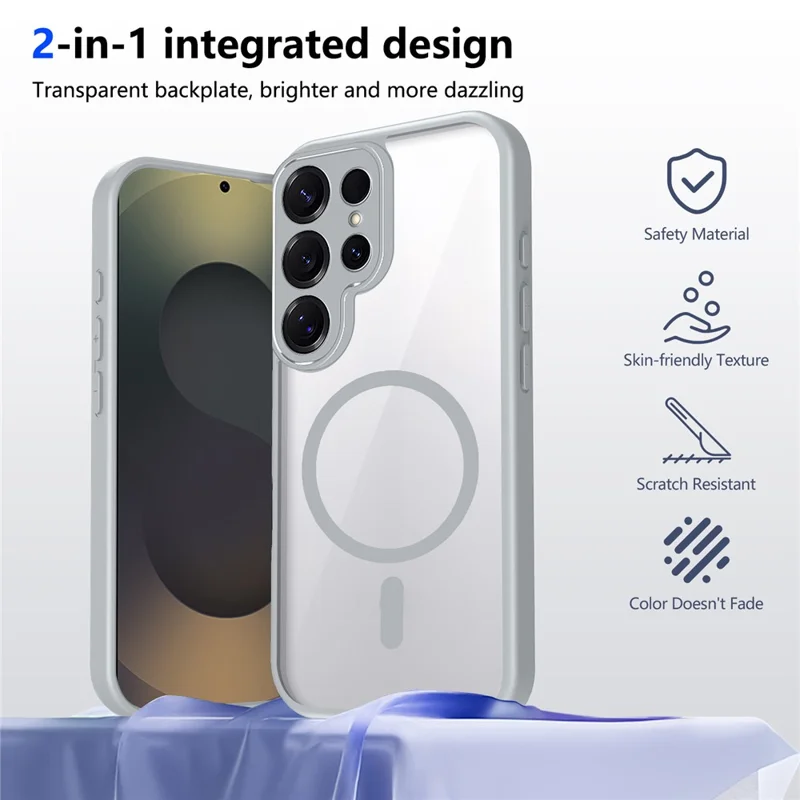 Étui magnétique pour Samsung Galaxy S25 Ultra, coque transparente en PC + TPU, antidéflagrante, agréable au toucher - Gris