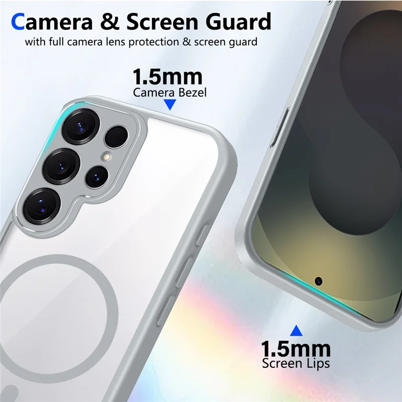 Étui magnétique pour Samsung Galaxy S25 Ultra, coque transparente en PC + TPU, antidéflagrante, agréable au toucher - Gris