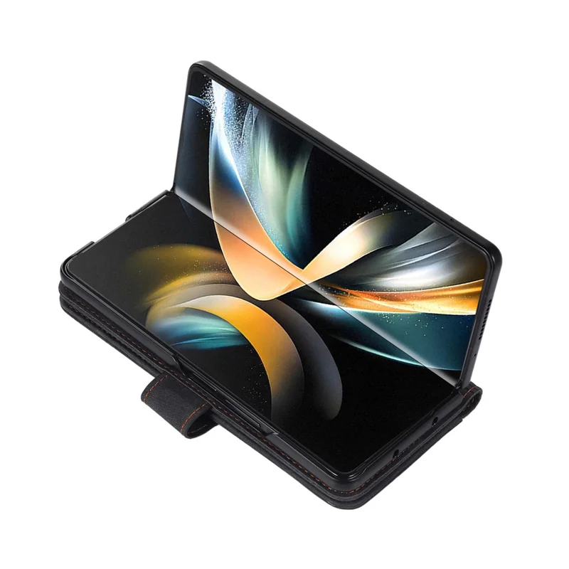 For Samsung Galaxy Z Fold7 5G Case PU Leather Wallet Phone Cover with Wrist Strap / Pen Holder - Black