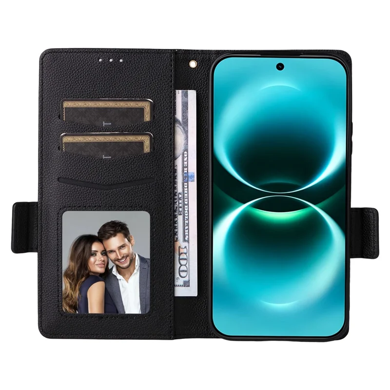 Für Huawei Enjoy 90 Pro Max / nova 15 Max Hülle Litschi-Textur Brieftasche Ledertelefonabdeckung mit Handschlaufe - Schwarz