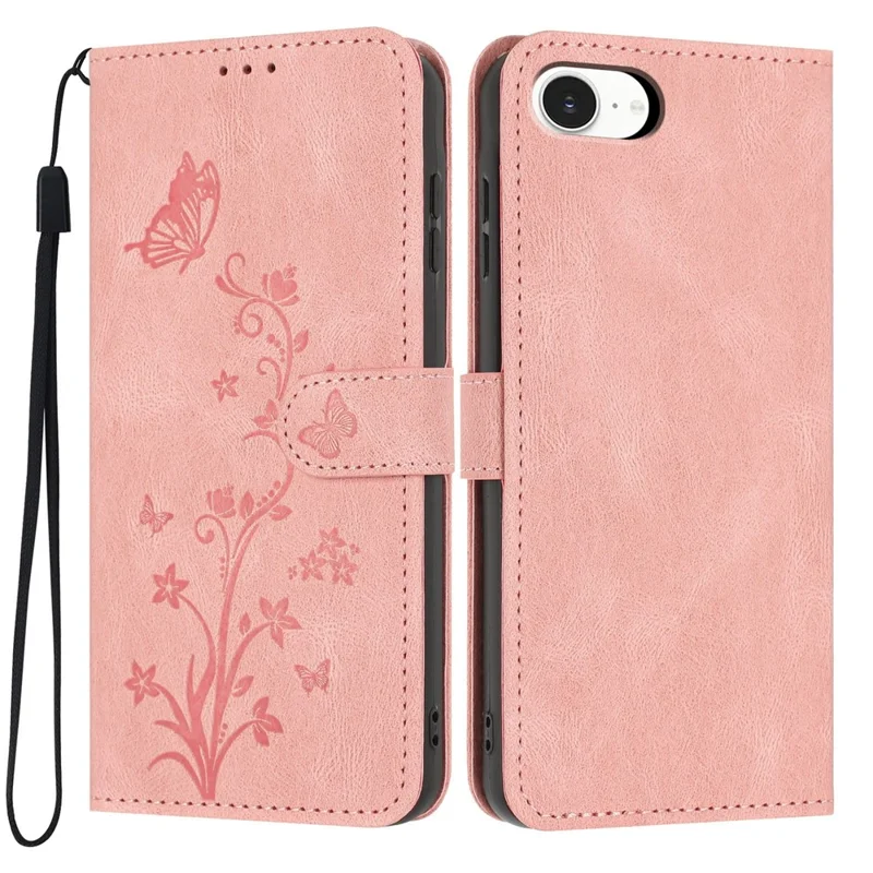 For iPhone 17e / 16e Wallet Case Butterfly Flower Imprint PU Leather Phone Cover with Wrist Strap - Pink