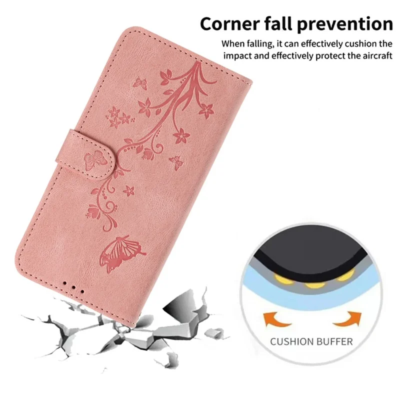 For iPhone 17e / 16e Wallet Case Butterfly Flower Imprint PU Leather Phone Cover with Wrist Strap - Pink