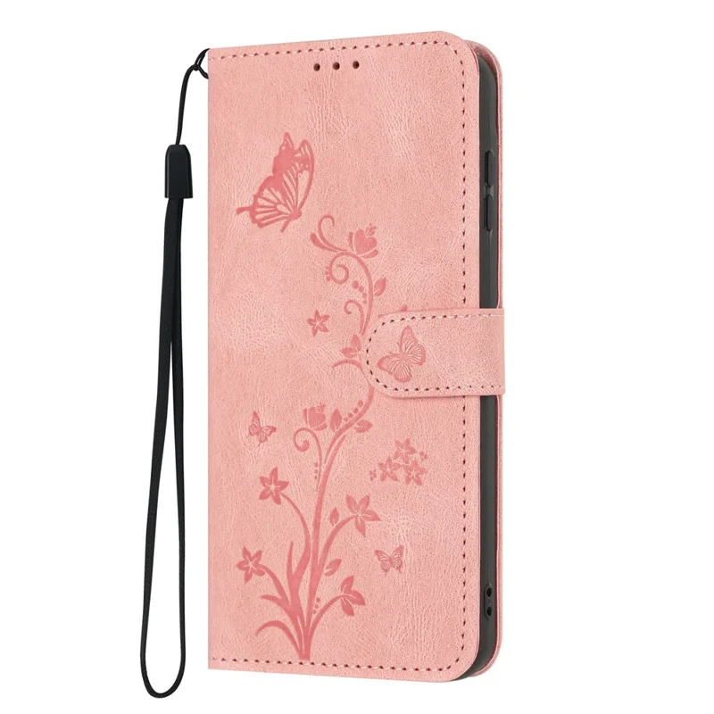 For iPhone 17e / 16e Wallet Case Butterfly Flower Imprint PU Leather Phone Cover with Wrist Strap - Pink