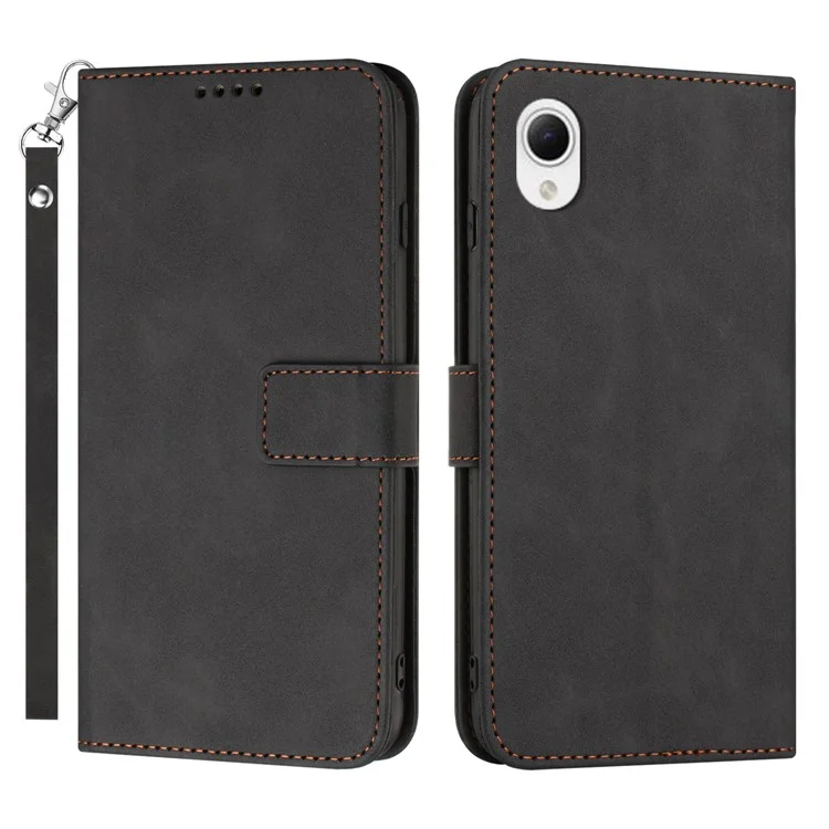 For Samsung Galaxy A22e Anti-scratch Cell Phone Flip Wallet Cover Phone Case Magnetic Clasp PU Leather Stand Shell with Strap - Black