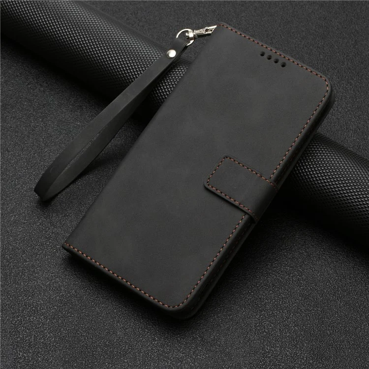 For Samsung Galaxy A22e Anti-scratch Cell Phone Flip Wallet Cover Phone Case Magnetic Clasp PU Leather Stand Shell with Strap - Black