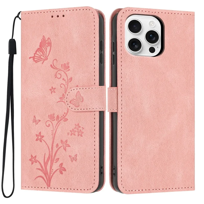 For iPhone 16 Pro Wallet Case Butterfly Flower Imprint PU Leather Phone Cover with Wrist Strap - Pink