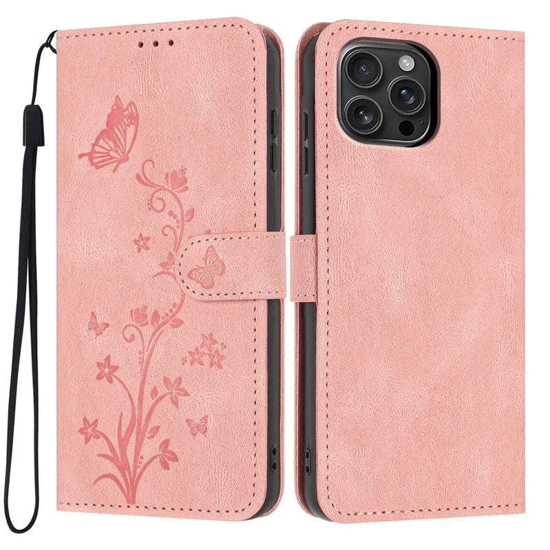 For iPhone 16 Pro Max Wallet Case Butterfly Flower Imprint PU Leather Phone Cover with Wrist Strap - Pink