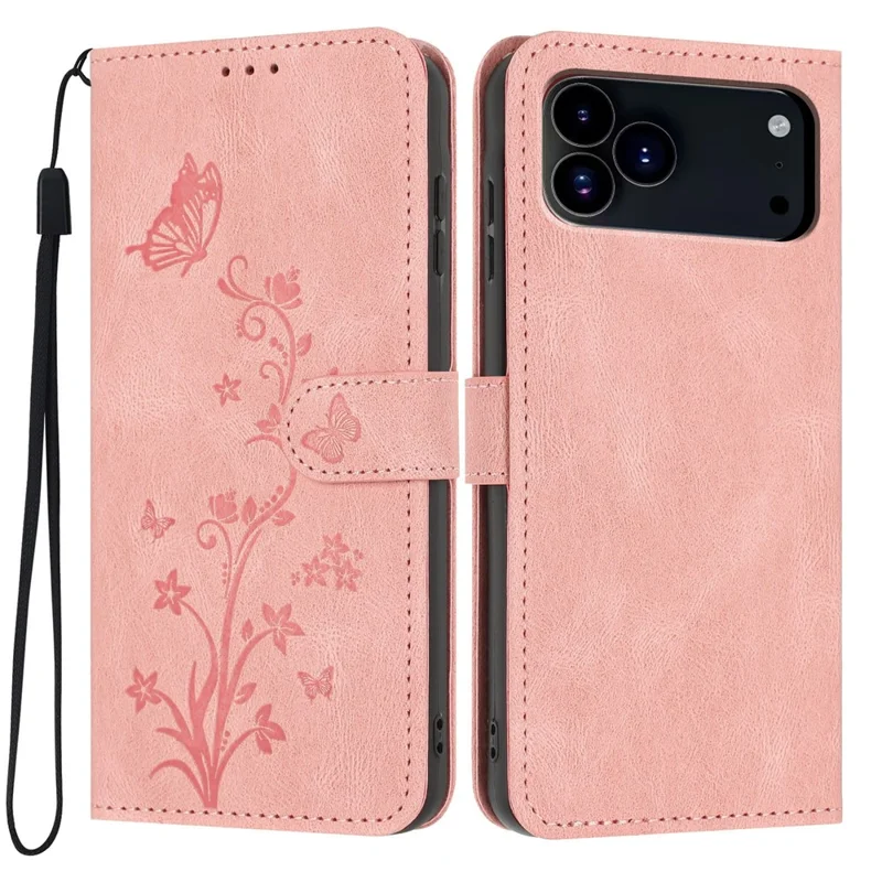 For iPhone 18 Pro / 17 Pro Wallet Case Butterfly Flower Imprint PU Leather Phone Cover with Wrist Strap - Pink