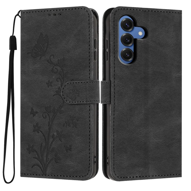 For Samsung Galaxy S26+ Wallet Case Butterfly Flower Imprint PU Leather Phone Cover with Wrist Strap - Black