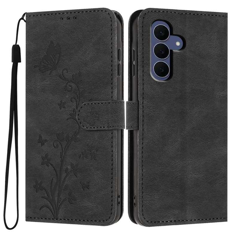 For Samsung Galaxy S26 FE Wallet Case Butterfly Flower Imprint PU Leather Phone Cover with Wrist Strap - Black