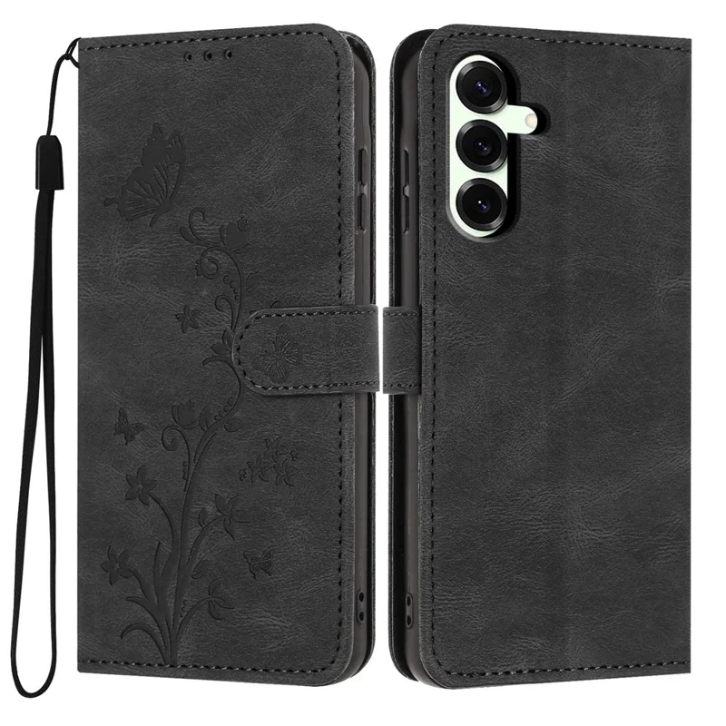 For Samsung Galaxy S25+ Wallet Case Butterfly Flower Imprint PU Leather Phone Cover with Wrist Strap - Black