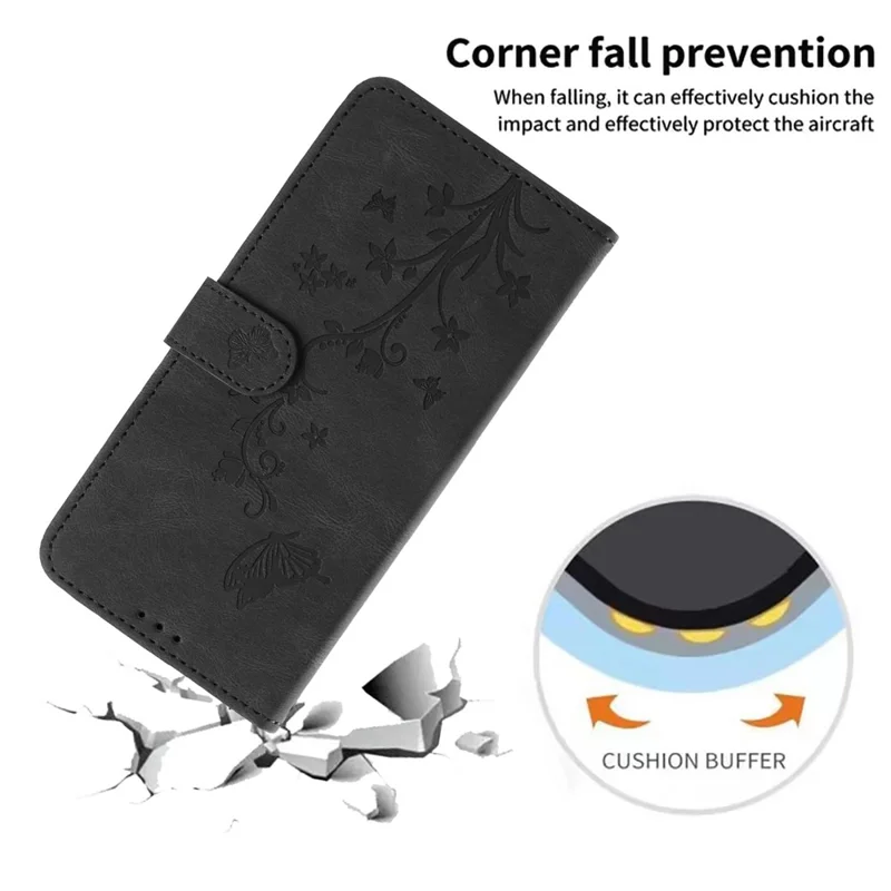 For Samsung Galaxy S25+ Wallet Case Butterfly Flower Imprint PU Leather Phone Cover with Wrist Strap - Black