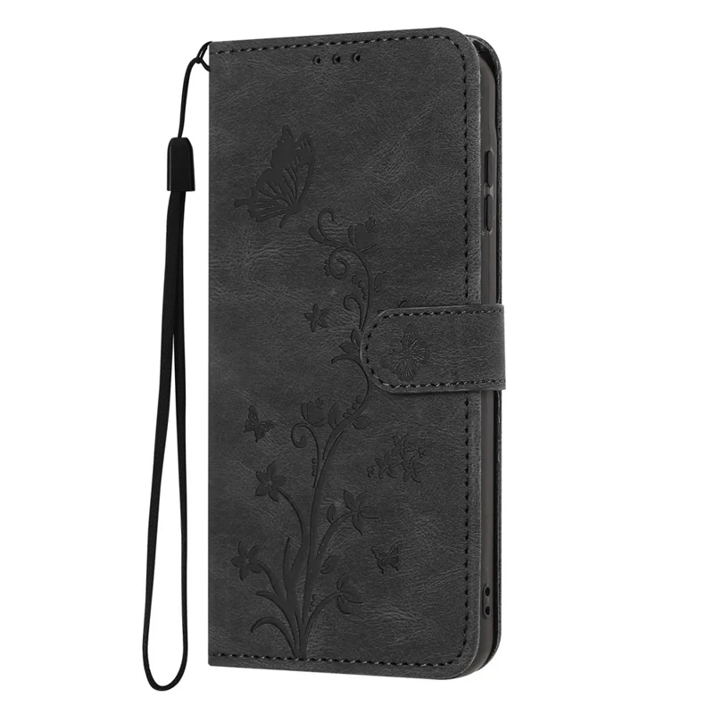For Samsung Galaxy S25+ Wallet Case Butterfly Flower Imprint PU Leather Phone Cover with Wrist Strap - Black