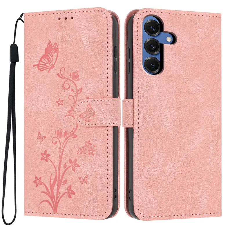 For Samsung Galaxy S25 Wallet Case Butterfly Flower Imprint PU Leather Phone Cover with Wrist Strap - Pink