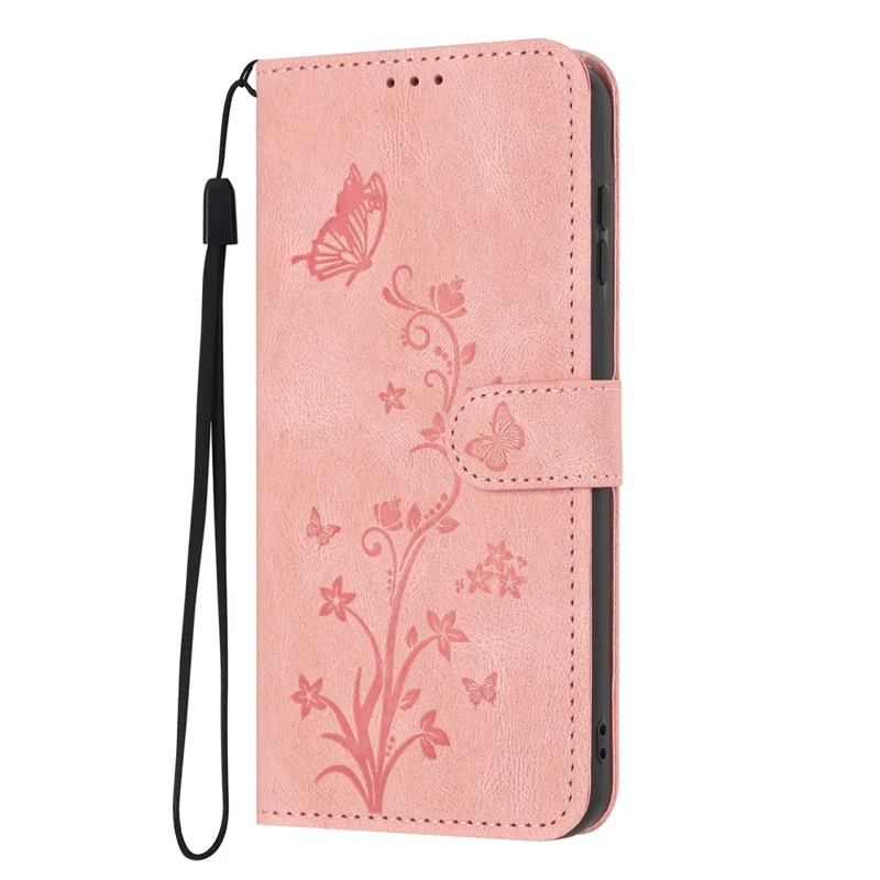 For Samsung Galaxy S25 Wallet Case Butterfly Flower Imprint PU Leather Phone Cover with Wrist Strap - Pink