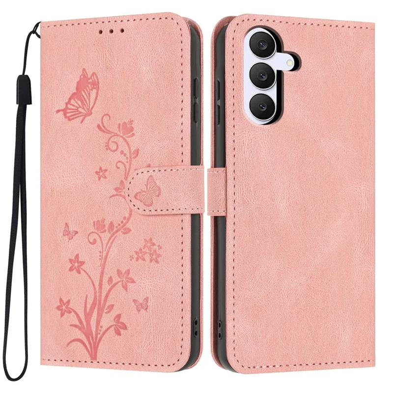 For Samsung Galaxy S25 FE Wallet Case Butterfly Flower Imprint PU Leather Phone Cover with Wrist Strap - Pink