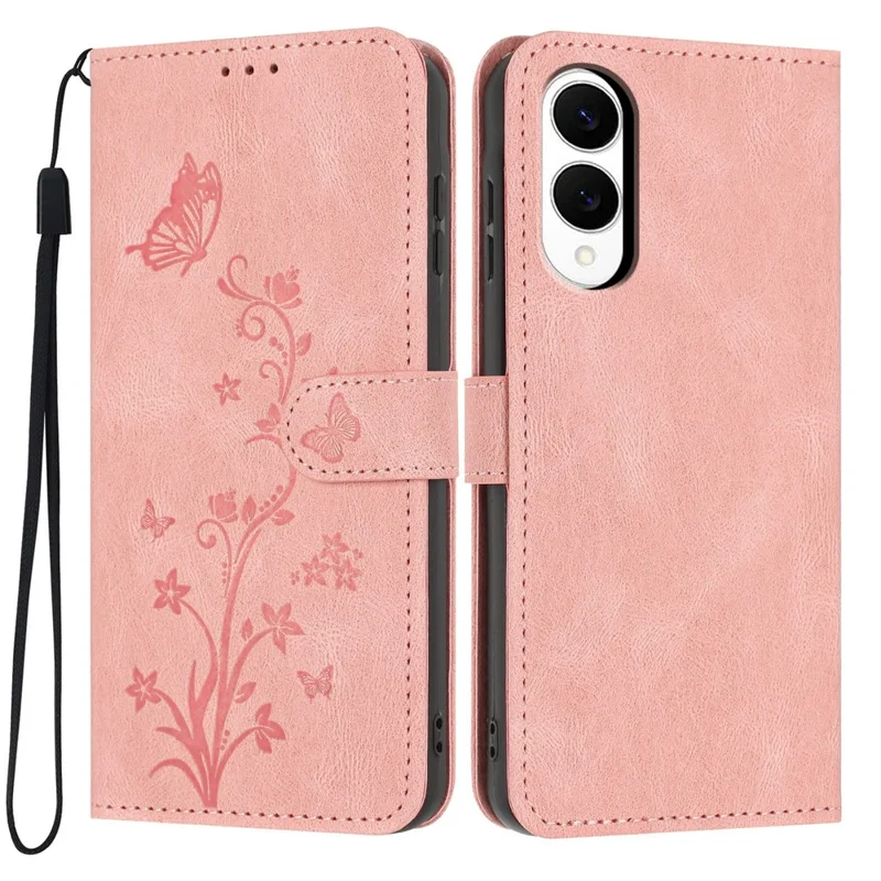 For Samsung Galaxy S25 Edge Wallet Case Butterfly Flower Imprint PU Leather Phone Cover with Wrist Strap - Pink