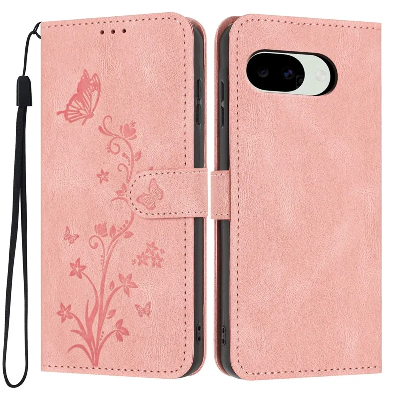 For Google Pixel 10a Wallet Case Butterfly Flower Imprint PU Leather Phone Cover with Wrist Strap - Pink