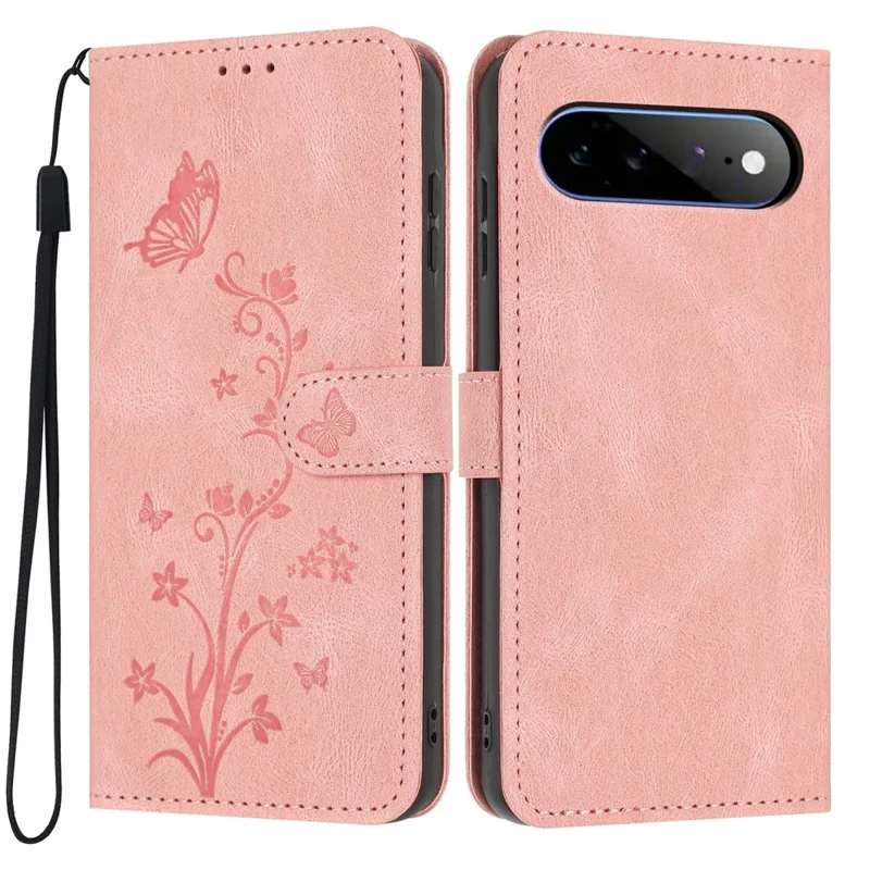 For Google Pixel 11 Pro XL Wallet Case Butterfly Flower Imprint PU Leather Phone Cover with Wrist Strap - Pink
