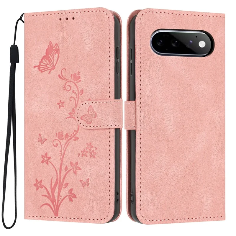 For Google Pixel 11 / Pixel 11 Pro Wallet Case Butterfly Flower Imprint PU Leather Phone Cover with Wrist Strap - Pink