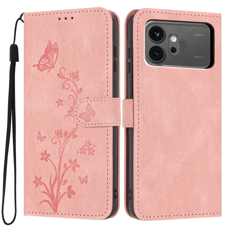 For Honor 600 5G Wallet Case Butterfly Flower Imprint PU Leather Phone Cover with Wrist Strap - Pink
