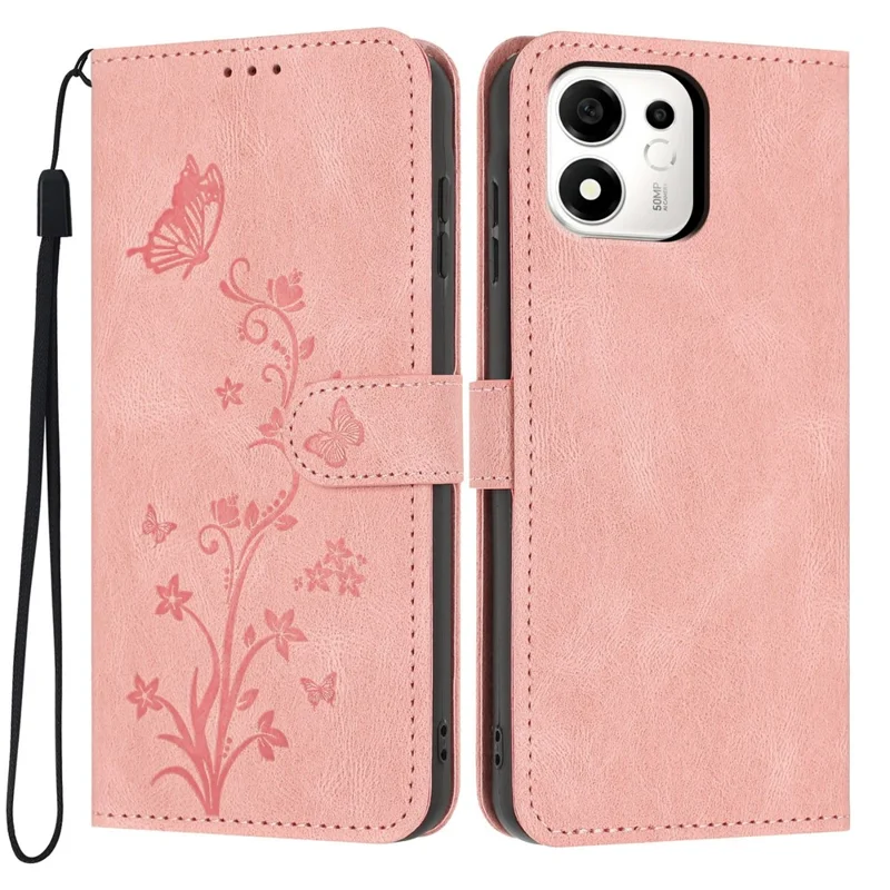 For Honor 600 Smart 5G Wallet Case Butterfly Flower Imprint PU Leather Phone Cover with Wrist Strap - Pink