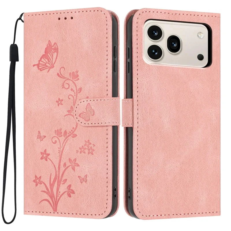For Honor 600 Pro 5G Wallet Case Butterfly Flower Imprint PU Leather Phone Cover with Wrist Strap - Pink