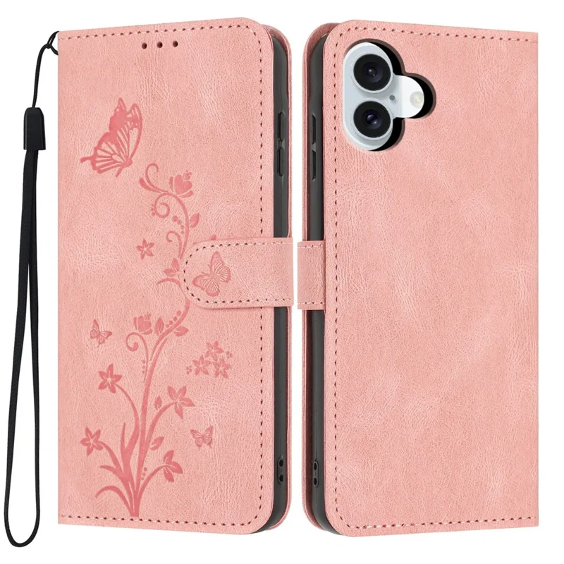 For iPhone 17 Wallet Case Butterfly Flower Imprint PU Leather Phone Cover with Wrist Strap - Pink