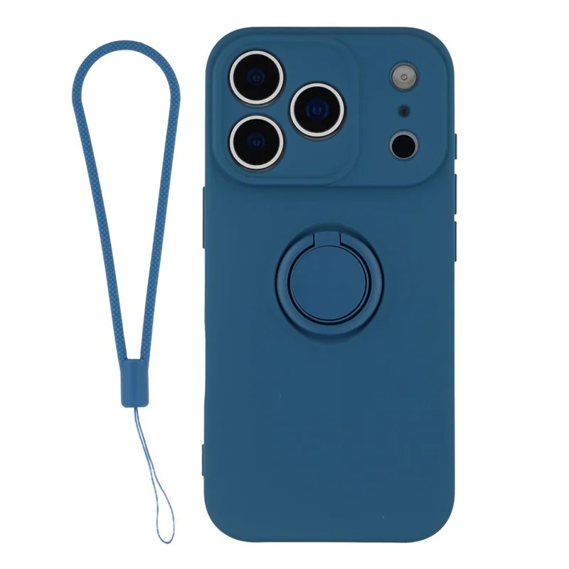 Funda de silicona líquida para iPhone 18 Pro con anillo giratorio y correa - Azul medianoche