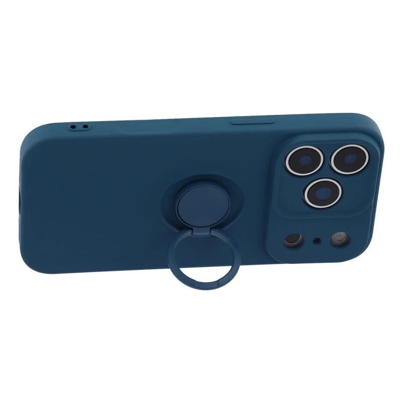 Funda de silicona líquida para iPhone 18 Pro con anillo giratorio y correa - Azul medianoche