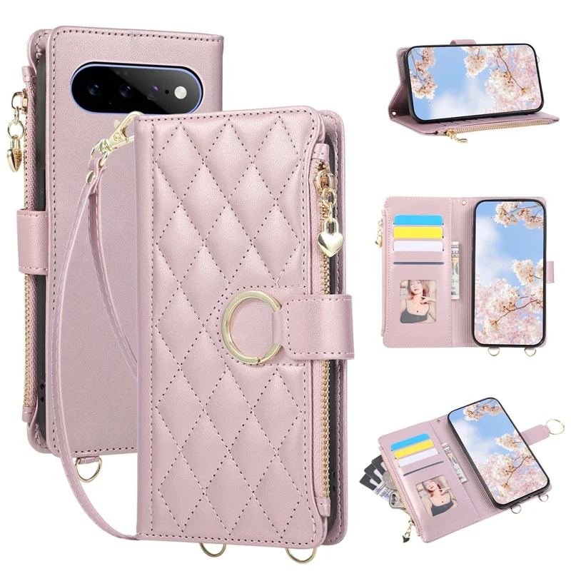 For Google Pixel 11 Case Magnetic Ring Buckle Zipper Pocket Rhombic Leather Phone Cover with Wrist Strap - Pink