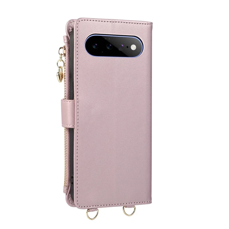 For Google Pixel 11 Case Magnetic Ring Buckle Zipper Pocket Rhombic Leather Phone Cover with Wrist Strap - Pink