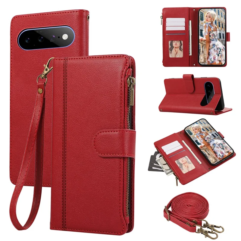 For Google Pixel 11 Case Card Slots Leather Phone Cover with Shoulder Strap / Wrist Strap - Red