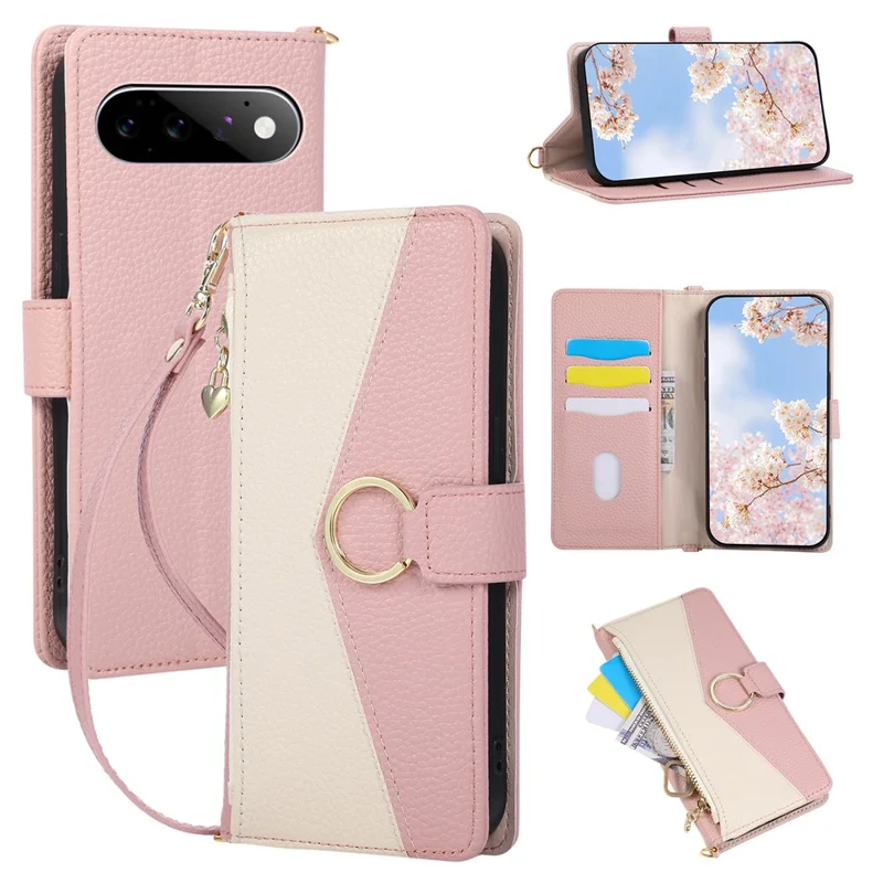 For Google Pixel 11 Pro XL Wallet Case Triangular Splicing Zipper Leather Flip Cover with Wrist Strap - Pink