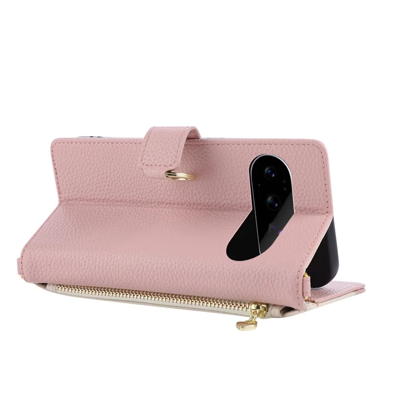 For Google Pixel 11 Pro XL Wallet Case Triangular Splicing Zipper Leather Flip Cover with Wrist Strap - Pink