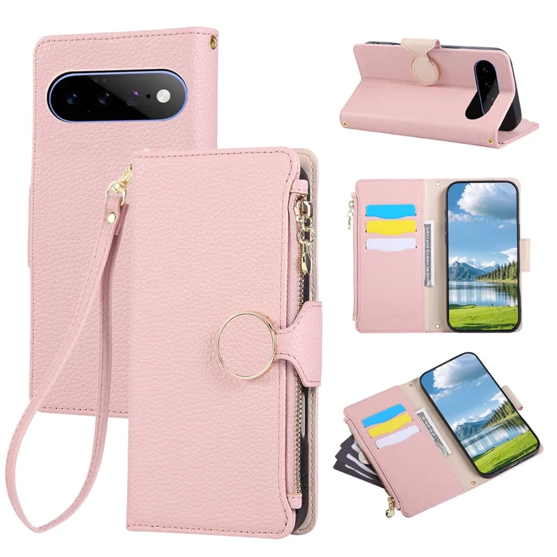 For Google Pixel 11 Case Zipper Wallet Leather Phone Cover with Wrist Strap - Pink