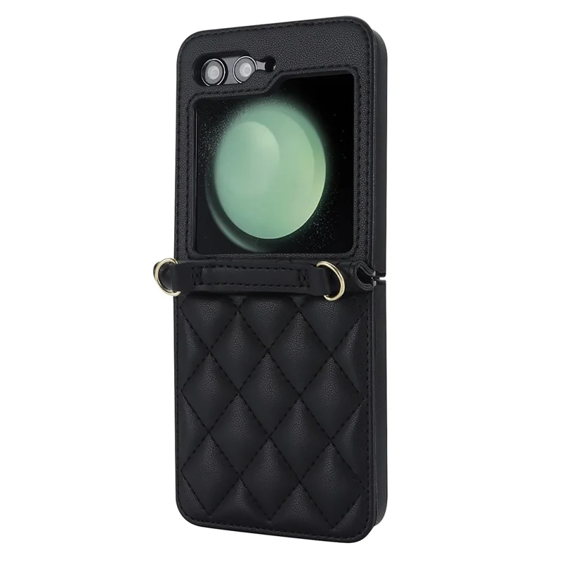 For Samsung Galaxy Z Flip7 FE 5G / Flip6 5G Case Rhombic Leather + PC Folding Phone Cover with Wrist Strap / 1.5m Long Strap - Black