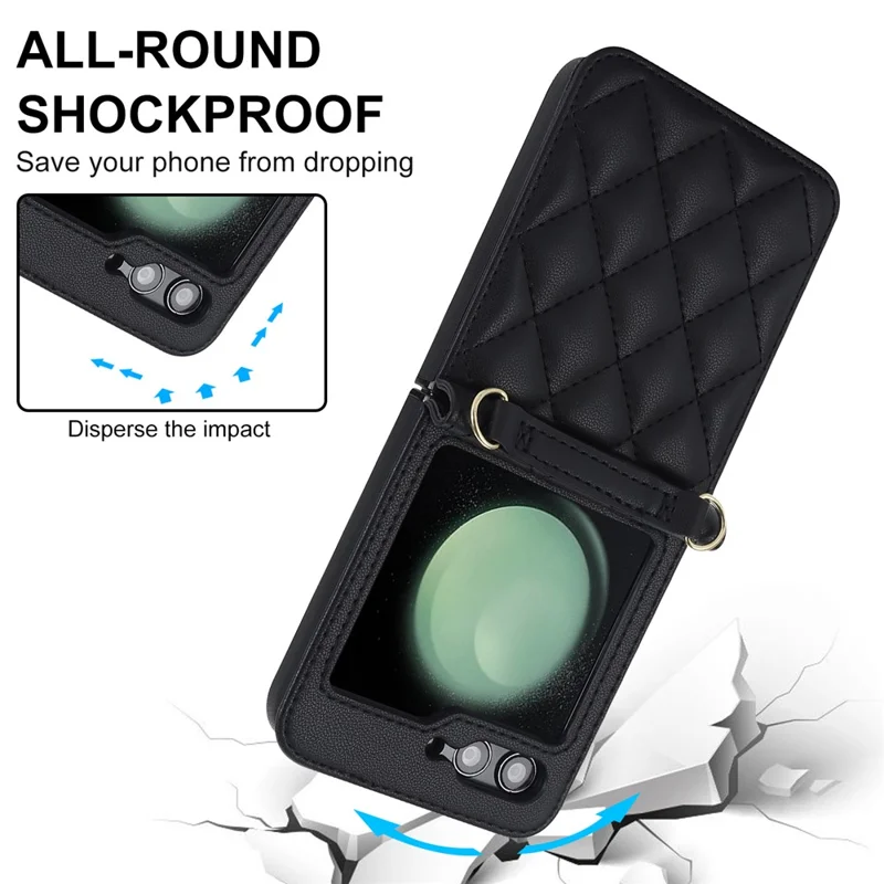 For Samsung Galaxy Z Flip7 FE 5G / Flip6 5G Case Rhombic Leather + PC Folding Phone Cover with Wrist Strap / 1.5m Long Strap - Black