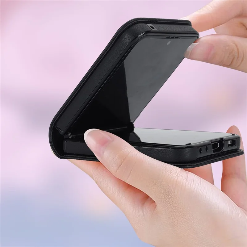 For Samsung Galaxy Z Flip7 FE 5G / Flip6 5G Case Rhombic Leather + PC Folding Phone Cover with Wrist Strap / 1.5m Long Strap - Black