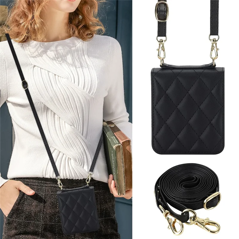 For Samsung Galaxy Z Flip7 FE 5G / Flip6 5G Case Rhombic Leather + PC Folding Phone Cover with Wrist Strap / 1.5m Long Strap - Black