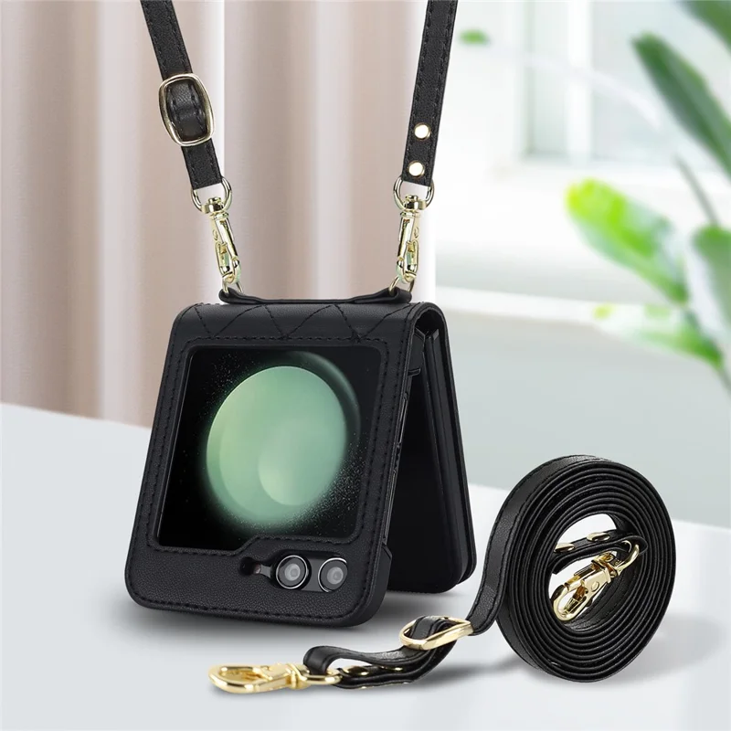 For Samsung Galaxy Z Flip7 FE 5G / Flip6 5G Case Rhombic Leather + PC Folding Phone Cover with Wrist Strap / 1.5m Long Strap - Black