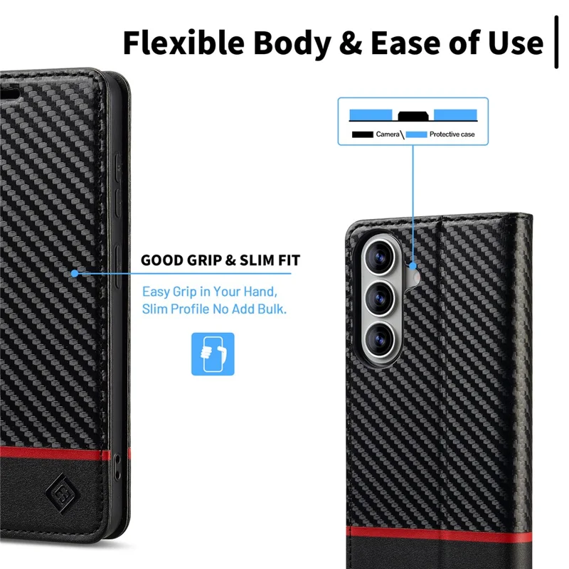 LC.IMEEKE Wallet Case for Samsung Galaxy S26 FE Carbon Fiber Texture Leather Phone Cover - Horizontal Stripe - 4