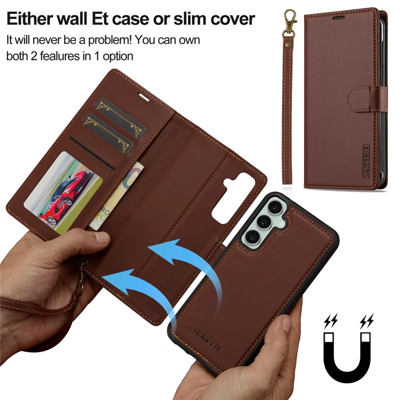 LC.IMEEKE L2 Series for Samsung Galaxy S26 FE Case PU Leather Wallet Detachable Magnetic Phone Cover - Brown - 9