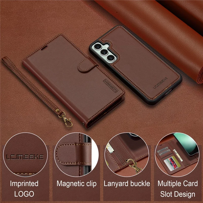 LC.IMEEKE L2 Series for Samsung Galaxy S26 FE Case PU Leather Wallet Detachable Magnetic Phone Cover - Brown - 8