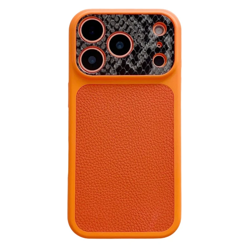 For iPhone 17 Pro TPU-hoes echt koeienleer Litchi-structuur + slangstructuur beschermhoes - Oranje