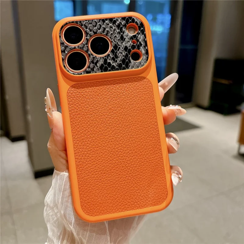 For iPhone 17 Pro TPU-hoes echt koeienleer Litchi-structuur + slangstructuur beschermhoes - Oranje