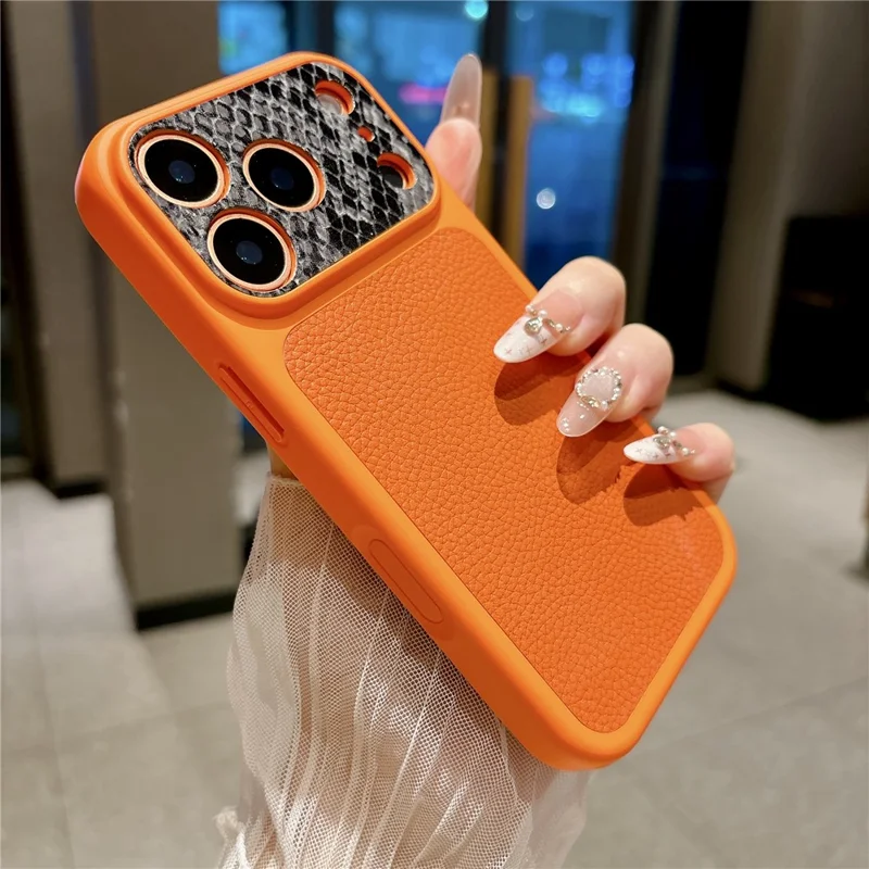 For iPhone 17 Pro TPU-hoes echt koeienleer Litchi-structuur + slangstructuur beschermhoes - Oranje