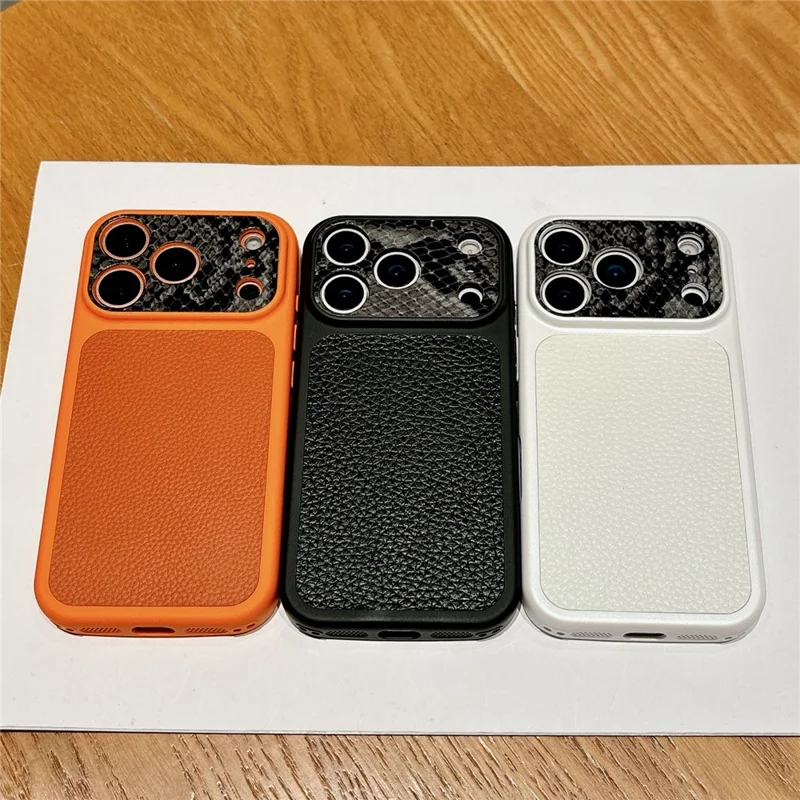 For iPhone 17 Pro TPU-hoes echt koeienleer Litchi-structuur + slangstructuur beschermhoes - Oranje